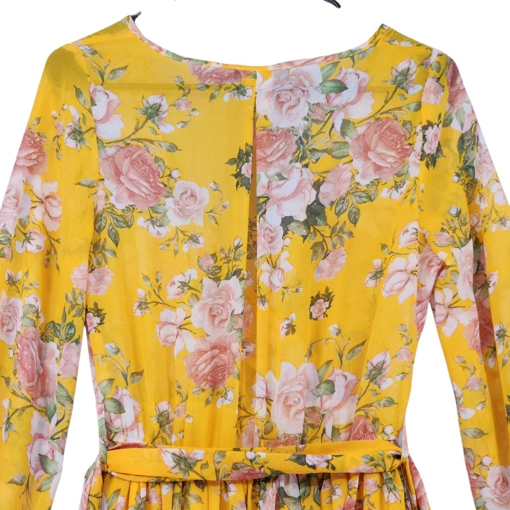 Petal Roz Maxi Dress M Fairy Whimsical Yellow Floral Faux Wrap Long Sleeve‎ Boho